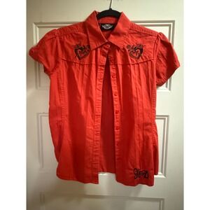 Harley Davidson Womens Red Embroidered Heart Short Sleeve Button Up Shirt Small